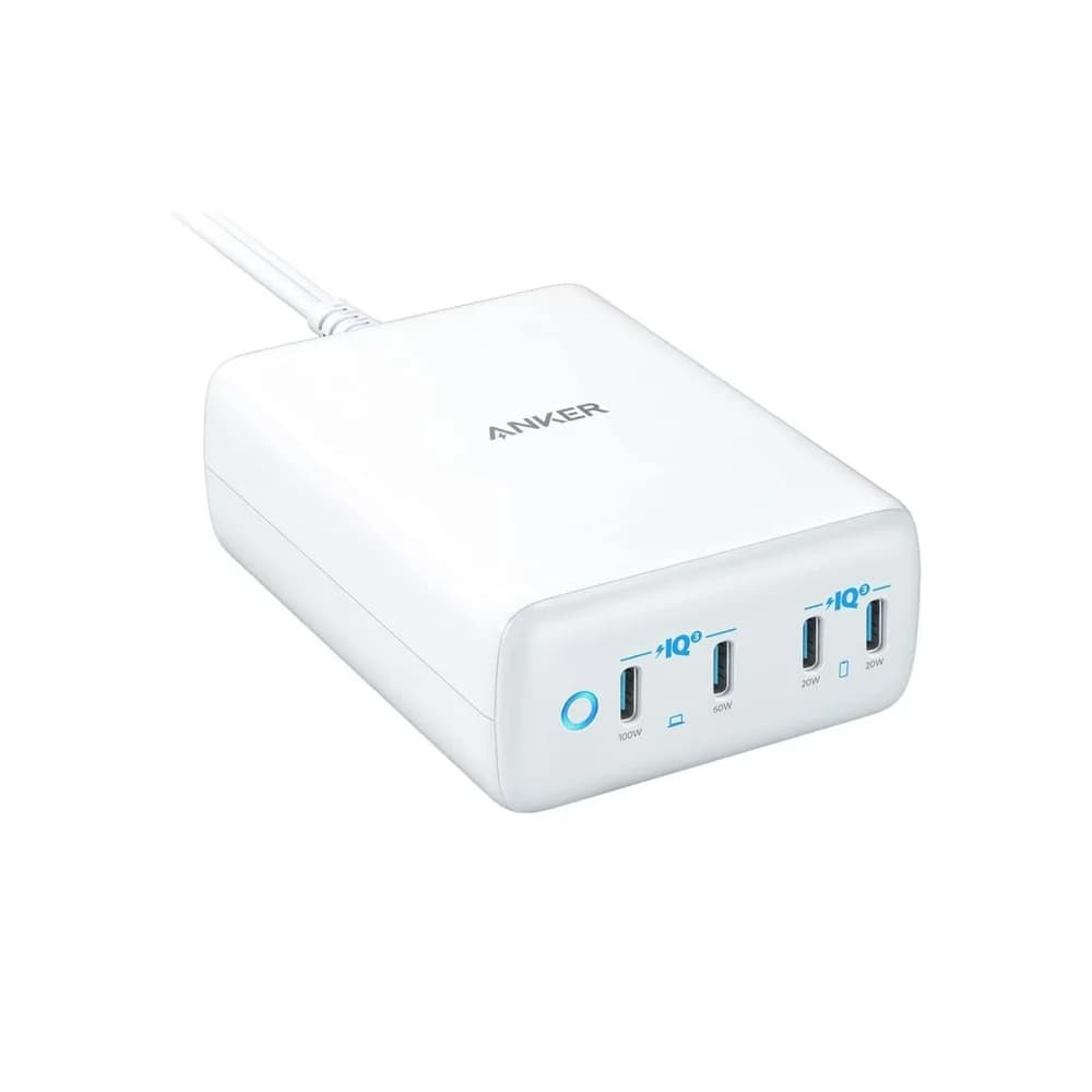 Chargeur Anker GaN blanc avec deux ports USB-C et deux ports USB-A