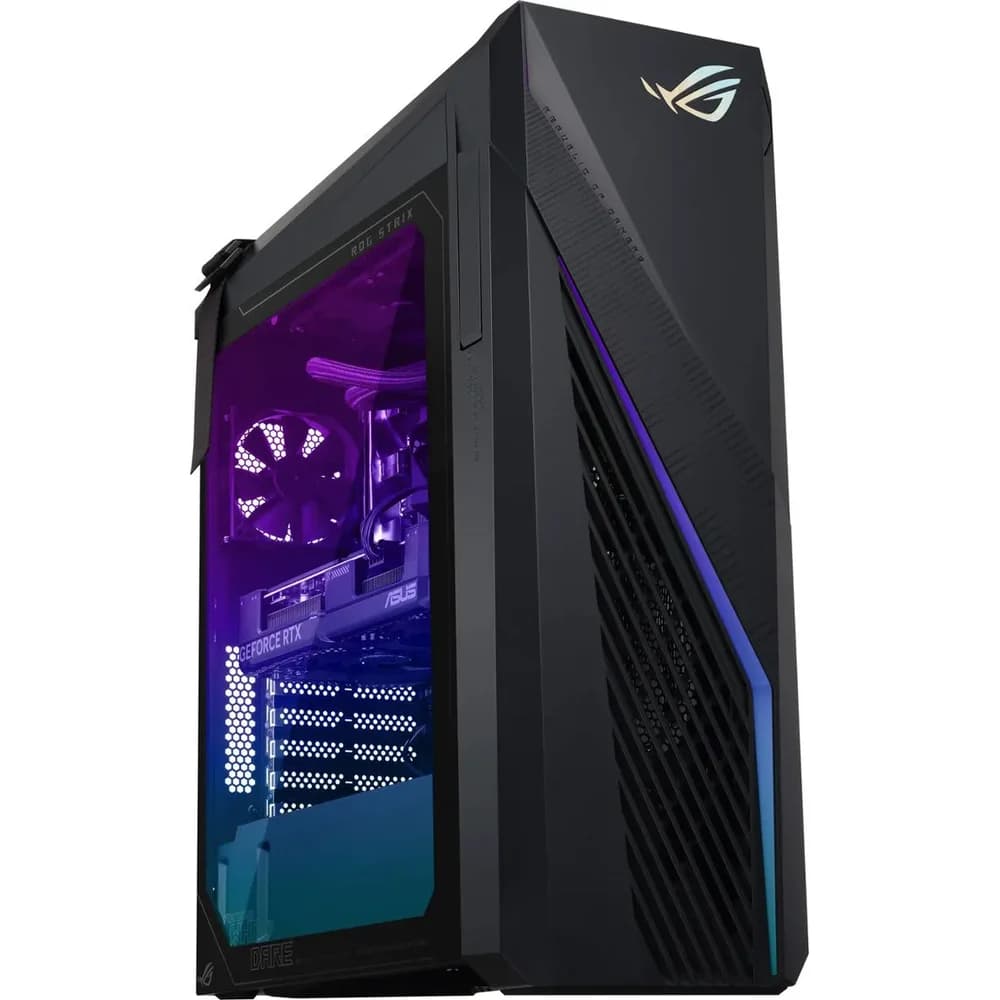 Tour ASUS ROG Strix G16CHR noire avec éclairage RGB, vue trois quarts