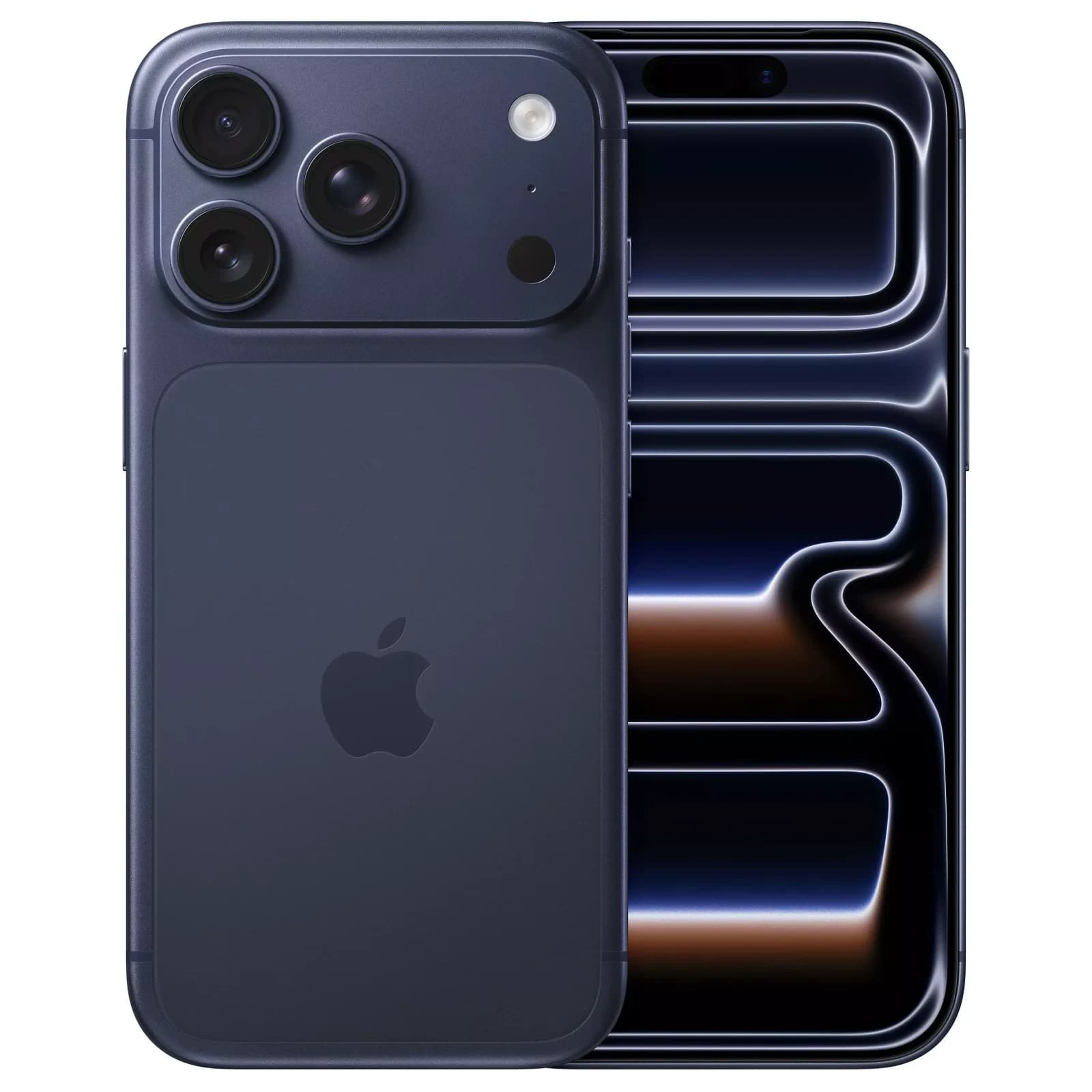 iPhone 17 Pro Max bleu intense, vues avant et arrière