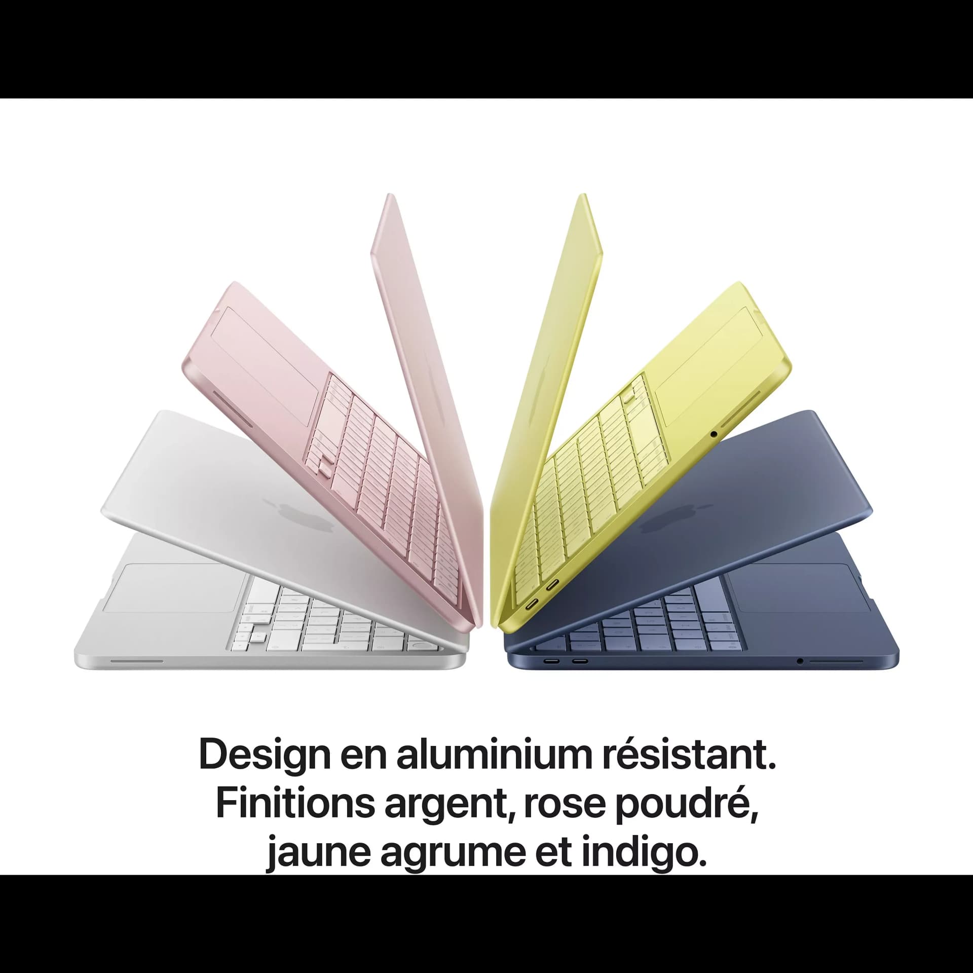 MacBook Neo dans les finitions Argent, Rose poudré, Jaune agrume et Indigo