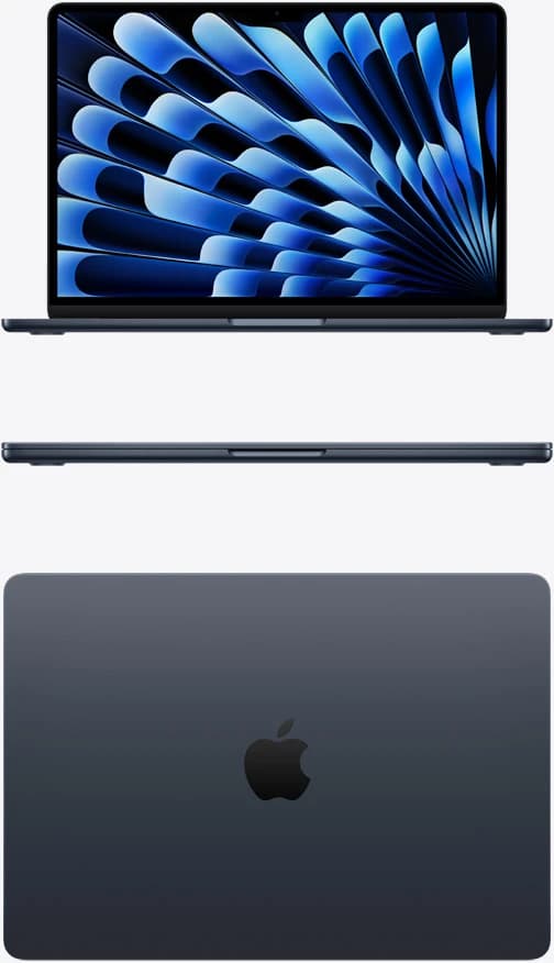 MacBook Air 13 pouces M4 Minuit, vues avant, profil et capot