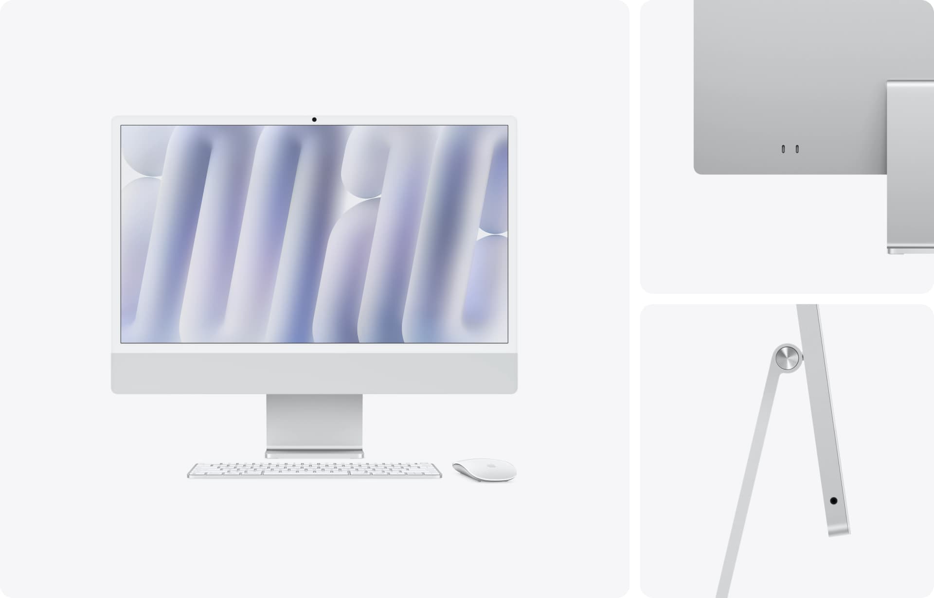 Apple iMac 24 pouces M4 (2025) — 16 Go / 512 Go — iMac argent de face, de dos et de profil avec ses accessoires