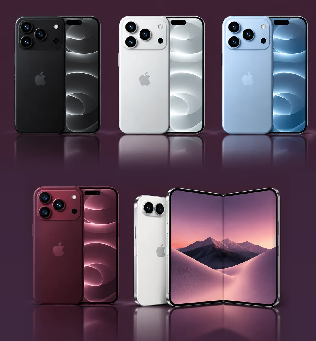 La gamme iPhone 18 : les modèles Pro en noir, blanc, bleu et bordeaux, et l’iPhone Duo ouvert.